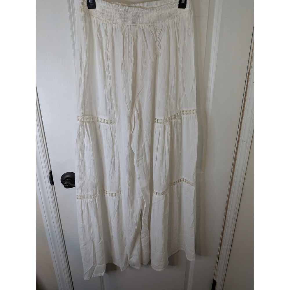 Angie White Boho Wide Leg Pants Smocked Waist Tiered Crochet Lace Gauze Large